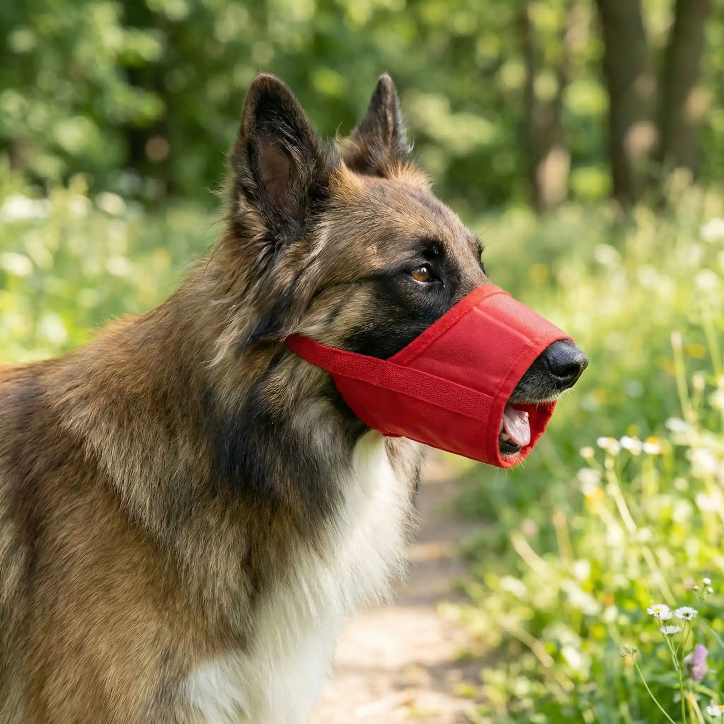 Profil d'un chien de berger à poil long portant une muselière pour chien rouge.