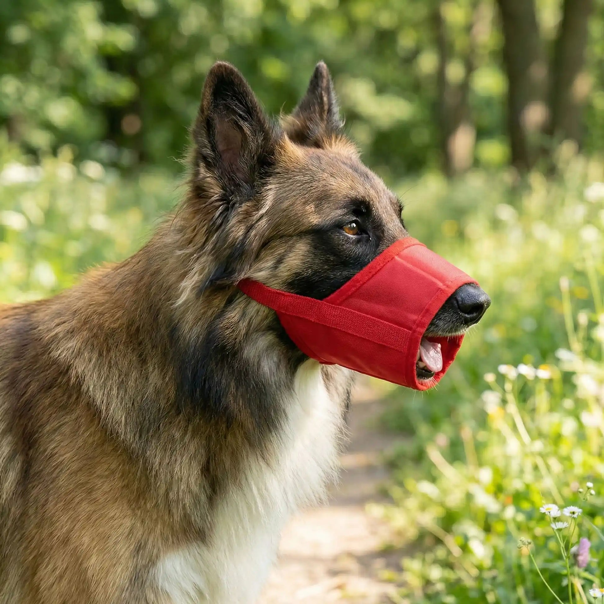 Profil d'un chien de berger à poil long portant une muselière pour chien rouge.