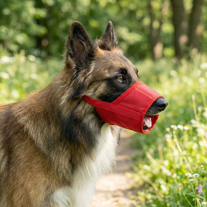 Profil d'un chien de berger à poil long portant une muselière pour chien rouge.