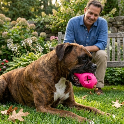 Chien Boxer bringé couché dans l'herbe tenant un jouet pour chien kong rose dans sa gueule.