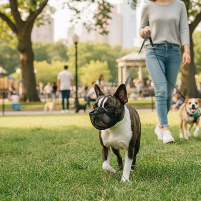 Muselière pour bouledogue français portée par un chien bringé marchant dans l'herbe d'un parc.
