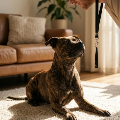 Chien bringé assis sur un tapis regardant son maître et son sifflet à ultrason pour chien noir.