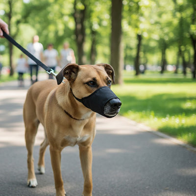 Chien brun à poil court portant une muselière pour chien noire lors d'une balade au parc.