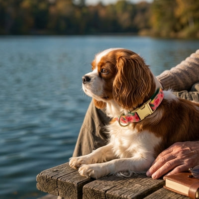 Cavalier King Charles assis au bord d'un lac, portant son collier fantaisie chien au motif de pasteque.