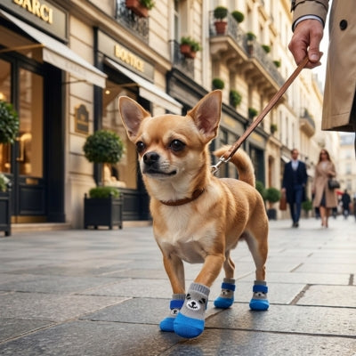 Chien Chihuahua marchant dans une rue commerçante chic avec des chaussettes pour chien bleues.