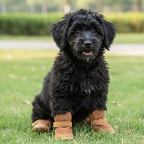 Chiot noir type Chien d'eau romagnol assis dans l'herbe avec chaussure pour chien marron "ACL".