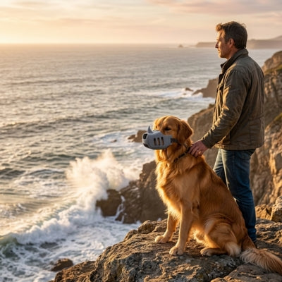 Golden Retriever et son maître face à l'océan avec muselière anti aboiement pour chien grise.