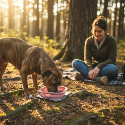 Chien bringé mangeant dans une gamelle pour chien rose en forêt lors d'un pique-nique.