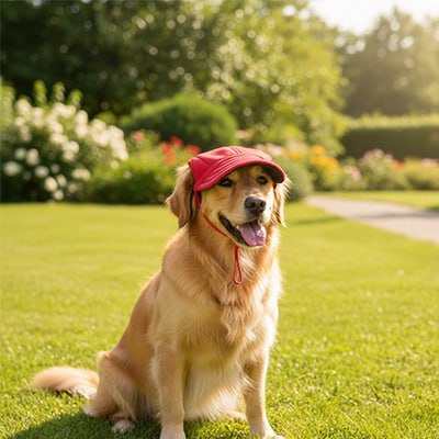 Golden Retriever assis sur une pelouse ensoleillée avec une casquette chien rouge.