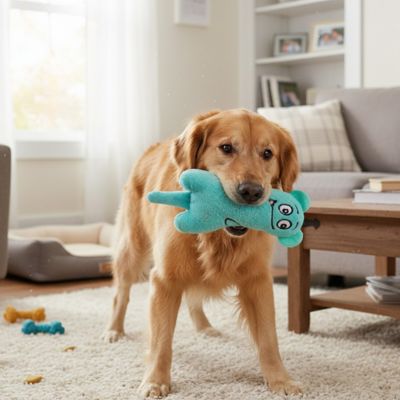 Golden Retriever debout sur un tapis avec un jouet pour chien bleu turquoise face à la caméra.