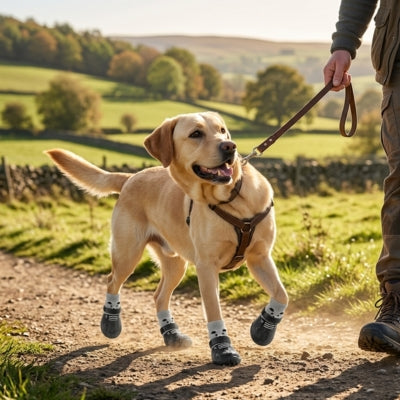 Chien Labrador marchant sur un sentier de campagne avec des chaussettes pour chien noires.