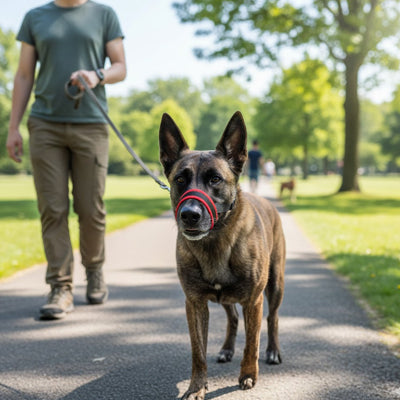 Chien de type Malinois marchant avec une muselière chien rouge et noire sur un sentier.