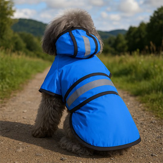 Vue de dos d'un chien Caniche en manteau bleu avec capuche sur un chemin de terre.