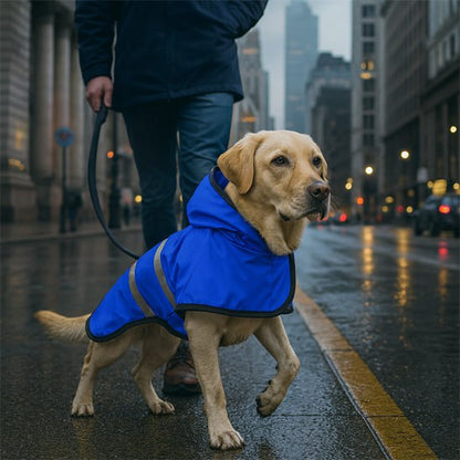 Chien Labrador marchant en laisse en ville avec un manteau bleu et des bandes grises.