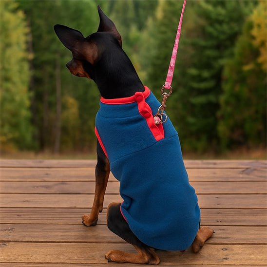 Vue arrière d'un pinscher avec un chien manteau bleu et bordures rouges.