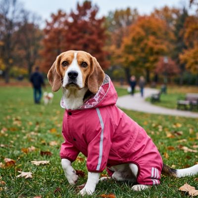 Beagle portant un chien manteau fuchsia assis sur l'herbe parsemée de feuilles d'automne.