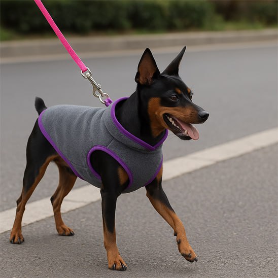 Pinscher marchant avec un chien manteau gris chiné et finition violette.
