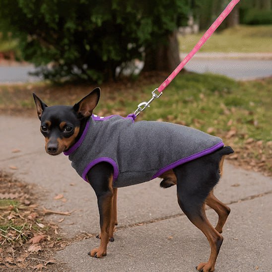 Pinscher nain sur le trottoir portant un chien manteau gris à liséré violet.