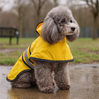 Chien Caniche gris assis dans un parc humide avec un manteau jaune imperméable.