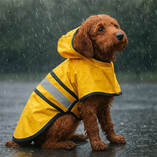 Chien Cockapoo assis sous la pluie portant un manteau jaune à bande réfléchissante.