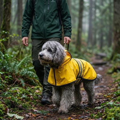 Chien Labradoodle gris en manteau jaune lors d'une randonnée en forêt brumeuse.