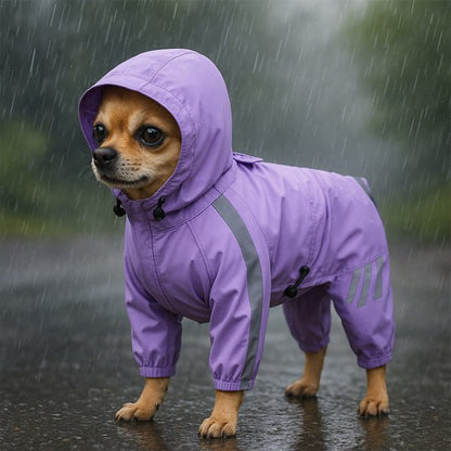 Petit Chihuahua sous la pluie portant un chien manteau intégral de couleur lavande avec capuche.