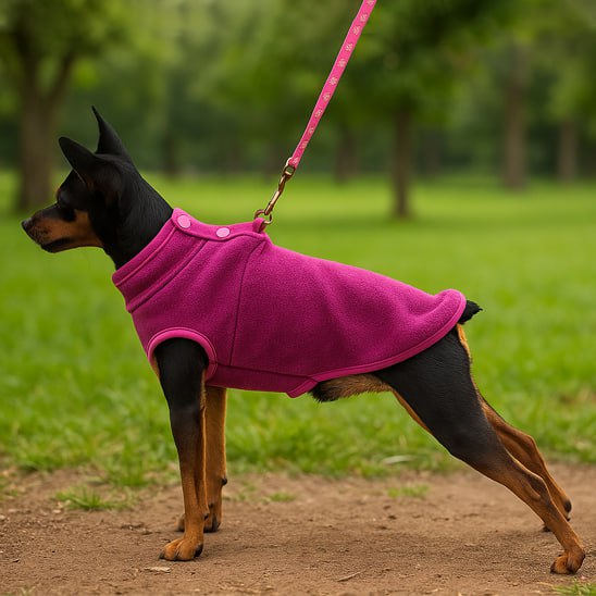 Pinscher nain portant un chien manteau rose vif avec des boutons de fermeture.
