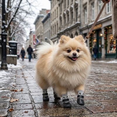 Chien Poméranien sur une rue pavée enneigée avec des chaussettes pour chien noires à motif.
