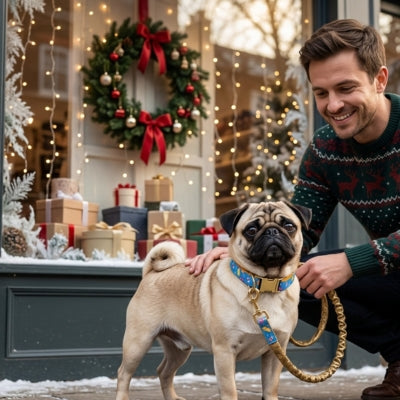 Chien Carlin devant une vitrine de Noël portant un collier fantaisie chien bleu