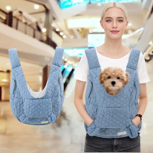 Femme avec un petit chien dans un sac de transport bleu ciel matelasse, vue de face.