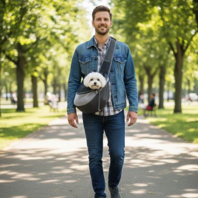 Homme souriant en veste en jean avec un bichon blanc dans un chien sac de transport gris.
