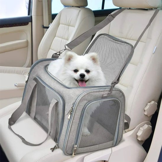 Sac de transport pour chien gris avec un Spitz blanc installé sur le siège passager.