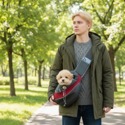 Homme en parka portant un caniche abricot dans un chien sac de transport rouge avec poche téléphone.