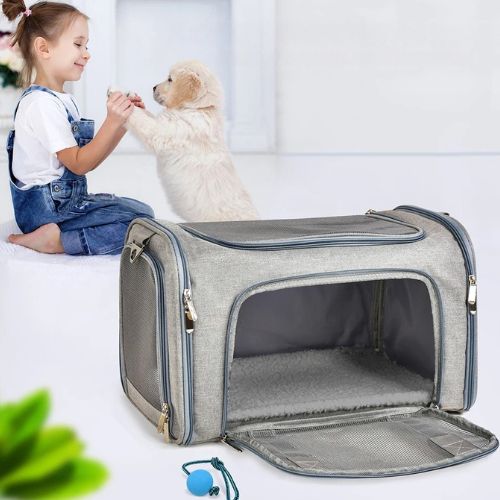 Enfant jouant avec un chiot Golden Retriever à côté d'un sac de transport gris ouvert.