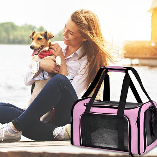 Sac de transport pour chien rose avec poignées noires posé sur un quai en bois.