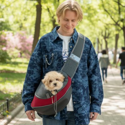 Homme en chemise bleue portant un caniche fauve dans un chien sac de transport rouge.