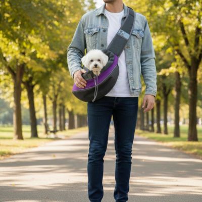 Zoom sur un bichon maltais dans un chien sac de transport violet et gris porté par un homme.