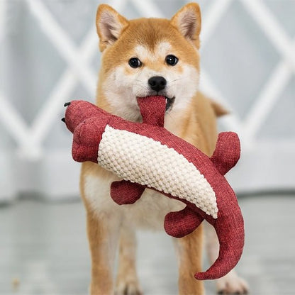Chien Shiba Inu tenant fermement une peluche pour chien crocodile rouge dans sa gueule.