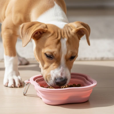 Chien de type Terrier beige et blanc mangeant dans une gamelle pour chien rose au sol.