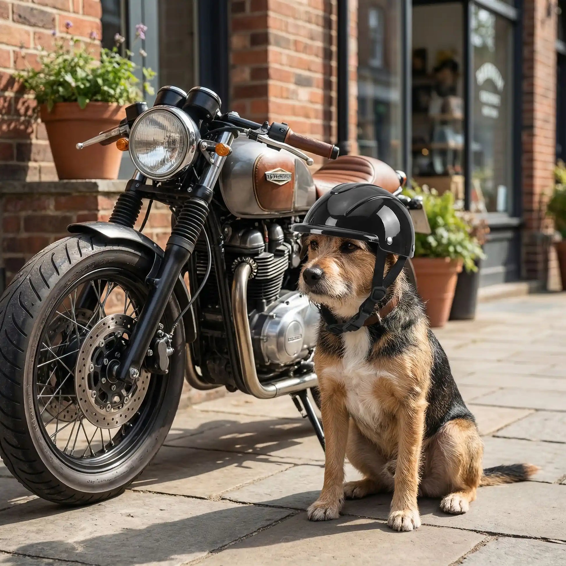 Chien type terrier assis devant une moto vintage avec son casque moto pour chien noir brillant.