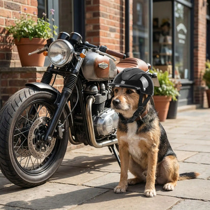 Chien type terrier assis devant une moto vintage avec son casque moto pour chien noir brillant.