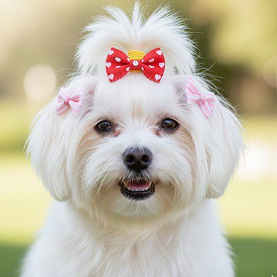 Chien Maltais blanc portant trois nœuds, dont un collier pour chien nœud papillon rouge à cœurs.