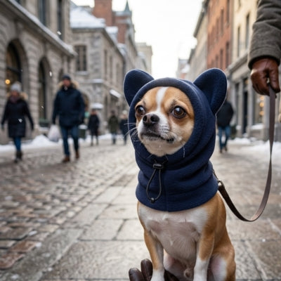 Petit Chihuahua avec un bonnet pour chien bleu marine dans une rue pavée en hiver.