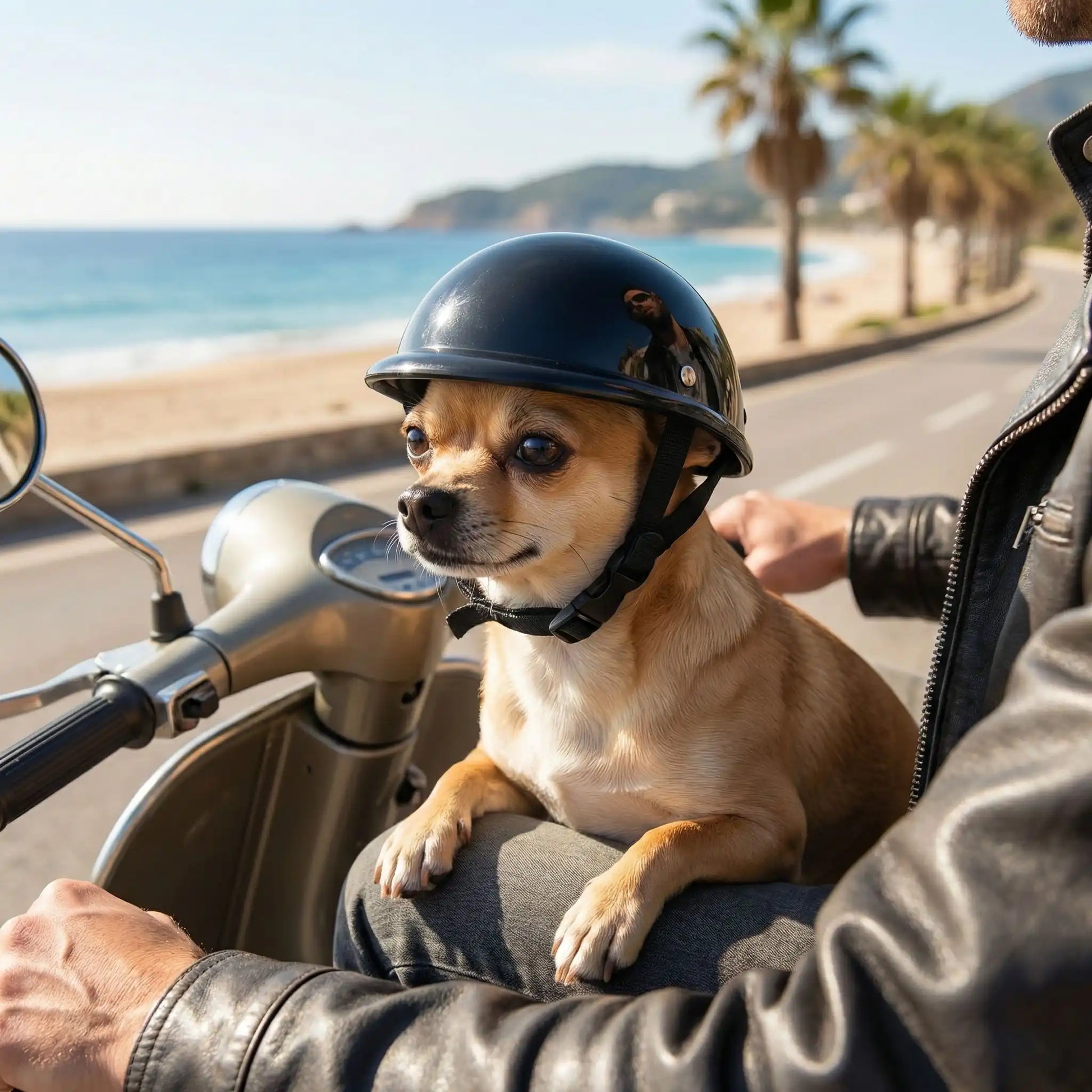 Chihuahua portant un casque moto chien noir sur un scooter au bord de la plage.