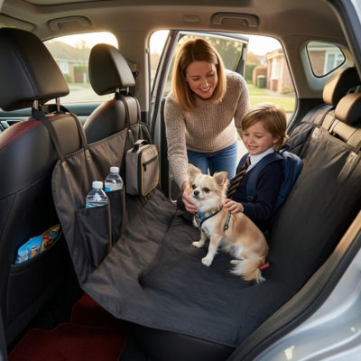 Femme et enfant avec un Chihuahua sur une housse pour voiture pour chien noire avec rangements.
