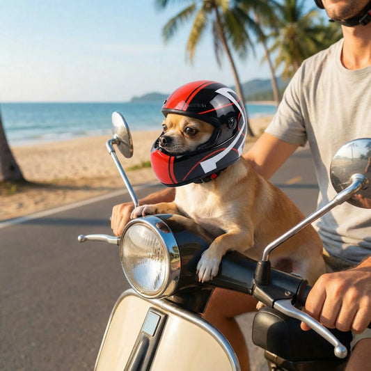 Chihuahua avec casque moto pour chien posé sur le guidon d'un scooter vintage près de la mer.