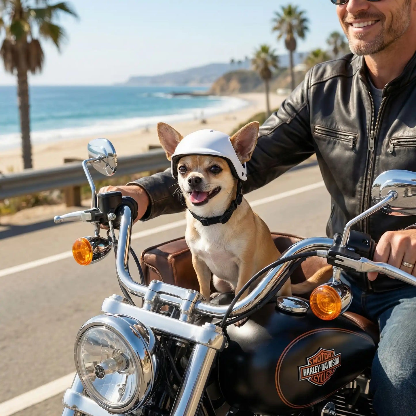 Chihuahua avec casque moto pour chien blanc sur une Harley-Davidson près d'une plage.