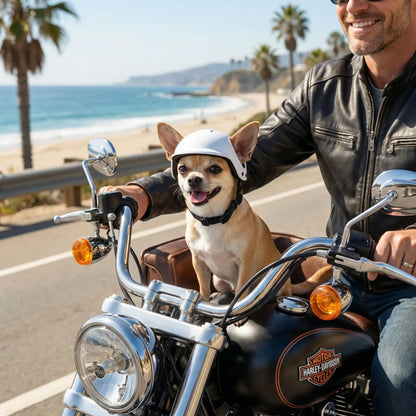 Chihuahua avec casque moto pour chien blanc sur une Harley-Davidson près d'une plage.