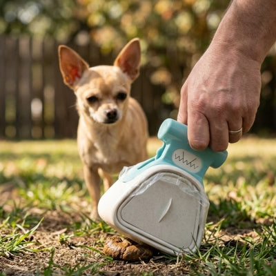 Petit Chihuahua dans l'herbe regardant l'utilisation d'un ramasse crotte chien blanc.