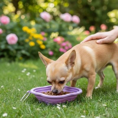 Chihuahua beige mangeant dans une gamelle pour chien violette dans un jardin fleuri.